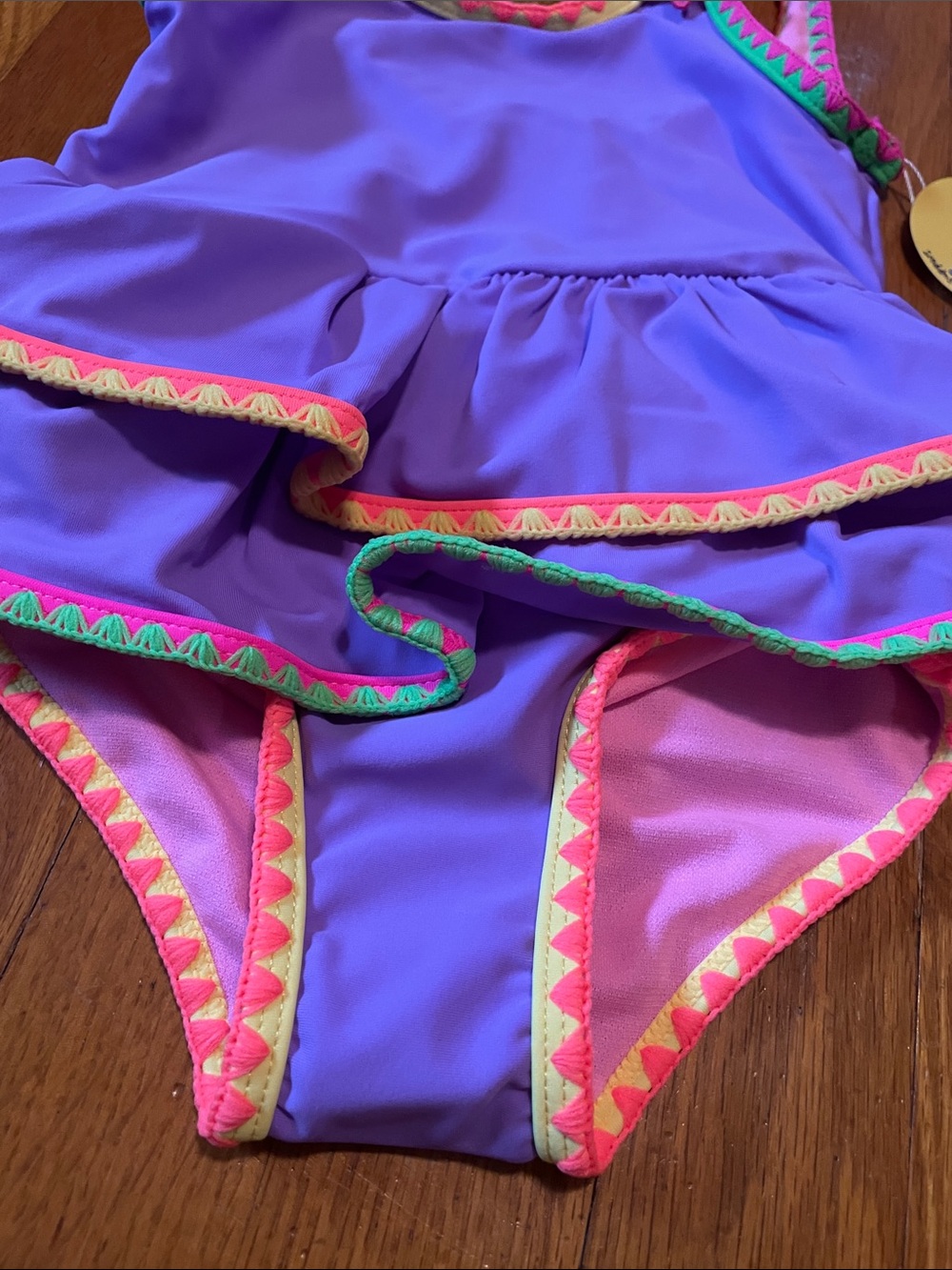 NWT Ruffle Butts 2T Purple One-Piece Swimsuit Neon Trim Star Ties Crochet Peplum - Picture 5 of 6